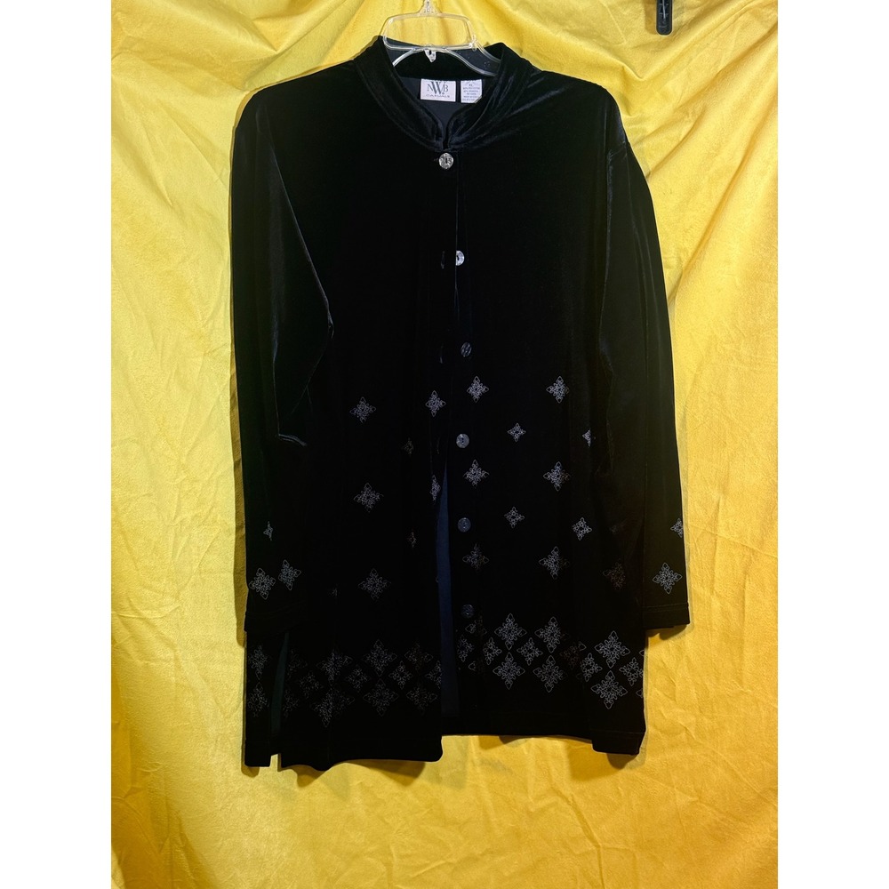 NWB Casuals Black Velvet Mock Neck Cardigan Silver Glitter Diamond XL Womens